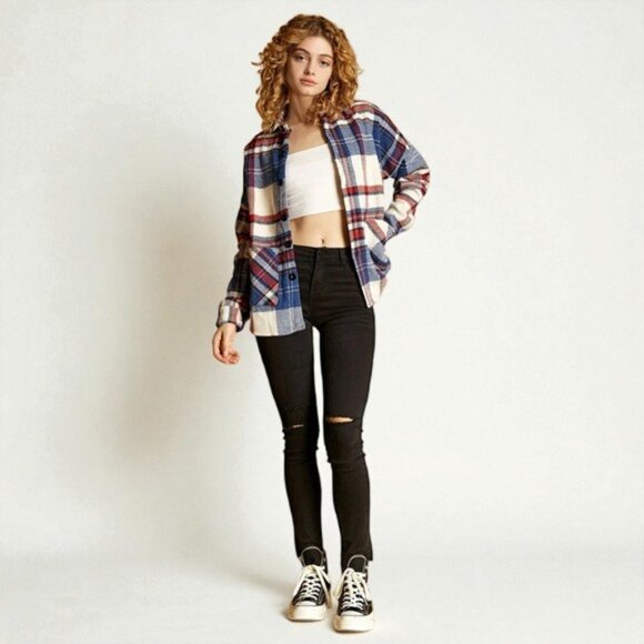 NWT J.ING Jing Vintage Style Red White Blue Plaid Oversized Flannel Shacket - Picture 6 of 8